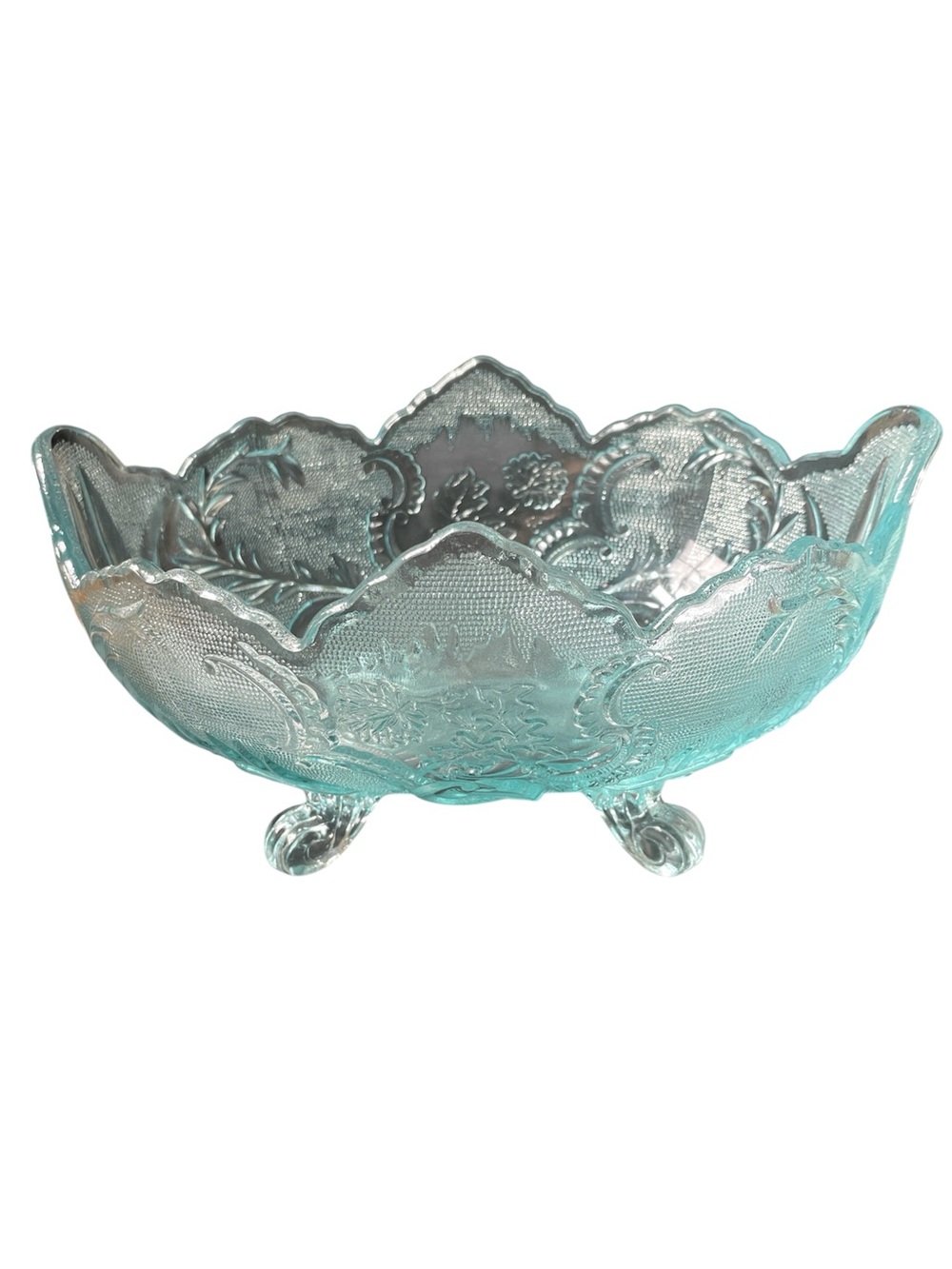 Vintage Jeanette Glass Lombardi Footed Fruit Bowl Blue Textured Scalloped Edges